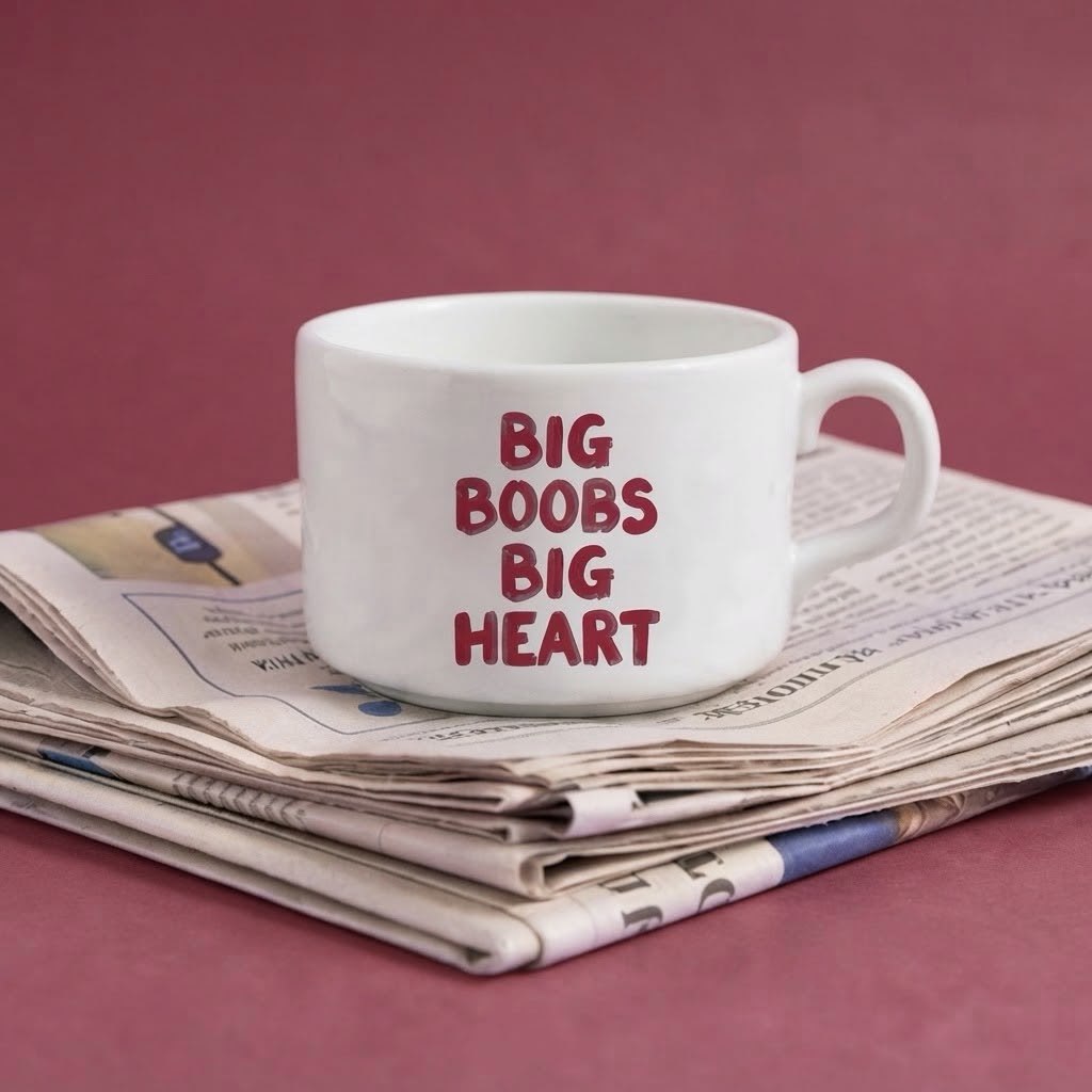 Bela šoljica sa tacnom i natpisom Big boobs big heart